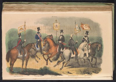 Trajes y estandartes de las guardias de honor de Nijmegen, Tilburg, Grave, Eindhoven y Arnhem, 1840-1842 II. Grupo (título en objeto) de Anonymous