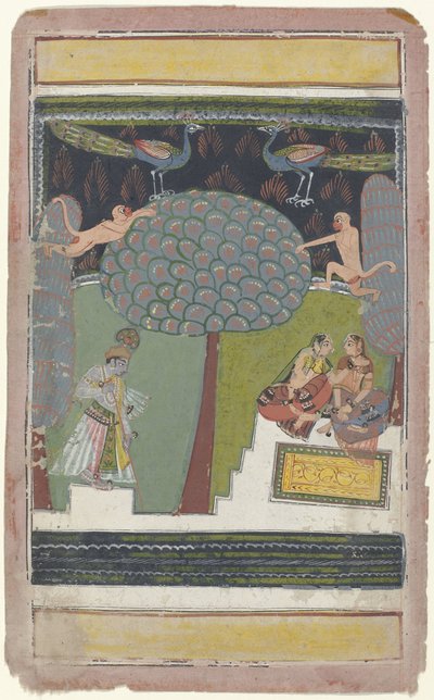 Krishna y dos mujeres en un jardín de Anonymous