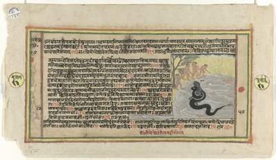 Krishna lucha contra la serpiente Kalya mientras cuatro pastores miran de Anonymous