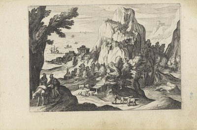 Paisaje costero con una alta montaña
Paisajes con figuras (título de la serie) de Anonymous
