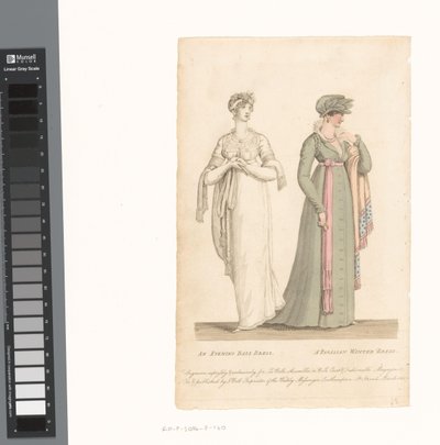 La Belle Assemblée, 1 de marzo de 1807, n.º 14: Vestido de noche / Vestido de invierno parisino de Anonymous