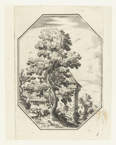 Paisaje con un gran árbol en un marco octogonal. Paisajes octogonales (título de la serie) de Anonymous