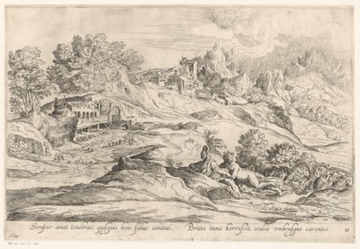 Landschap conoció a minnend paar El que es fiel a su amante siempre ama la oscuridad, / El bruto todavía se estremecía, sus ojos carecían de sombras (título sobre objeto) Landschappen naar Domenico Campagnola (título de la serie) de Anonymous