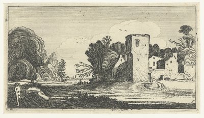 Paisaje con torre cuadrada cerca de casas. Paisajes después de Esaias van de Velde (título de la serie) de Anonymous
