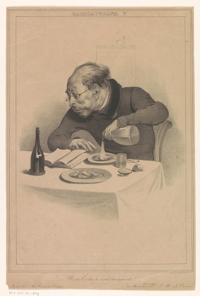 El hombre que lee
Une lecture entraînante (título sobre el objeto)
Caricaturas (de los editores Pontin y Eigeman) (título de la serie)
Caricaturana (título de la serie en el objeto) de Anonymous