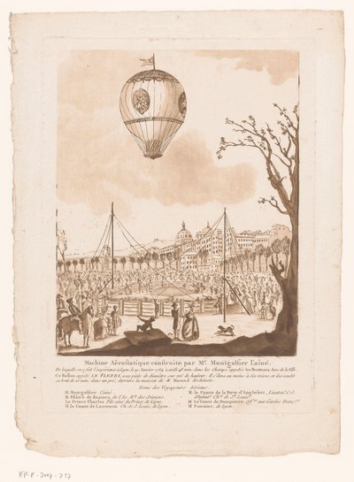 Luchtballon, Le Flezel, van Joseph-Michael Montgolfier el Viejo buiten Lyon Máquina aeroestática construida por el Sr. Montgolfier el Viejo (título sobre el objeto) de Anonymous