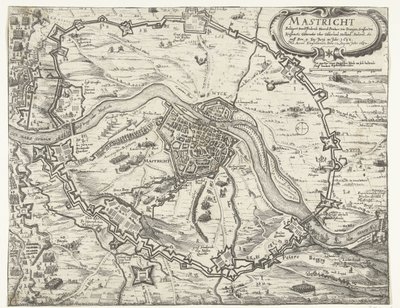 Maastricht ocupada por Frederik Hendrik, 1632 Maestricht sitiada por Friderich Henrich Printzen von Orangien (...) el 9 de junio del año 1632. Tomada con Accort el 12 de agosto del año 1632 (título sobre objeto) de Anonymous