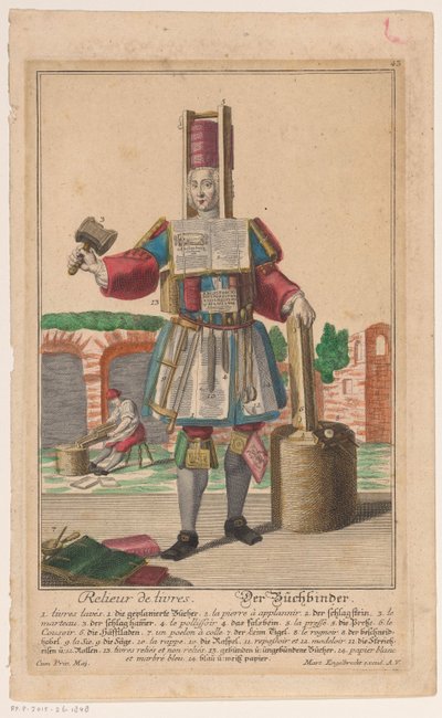 Hombre con traje de herramientas de encuadernación Relieur de livres / Der Buchbinder (título sobre objeto) de Anonymous