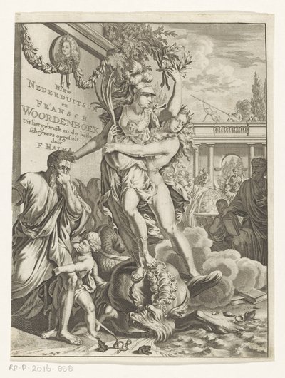 Minerva pisotea monstruo marino que escupe fuego Nuevo diccionario de bajo alemán y francés (título en el objeto) Página de título para: François Halma, Diccionario de lenguas holandesas y francesas, 1710 de Anonymous