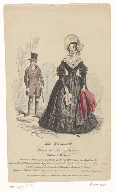 Estampado de moda de una dama con un vestido negro con un cuello de encaje blanco doble en el fondo un caballero con un sombrero de copa y árboles de Anonymous