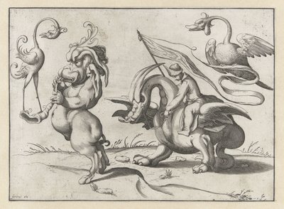 Monstruo con trompeta y especie de grulla Figuras grotescas rodeadas por una línea de encuadre (título de la serie) de Anonymous