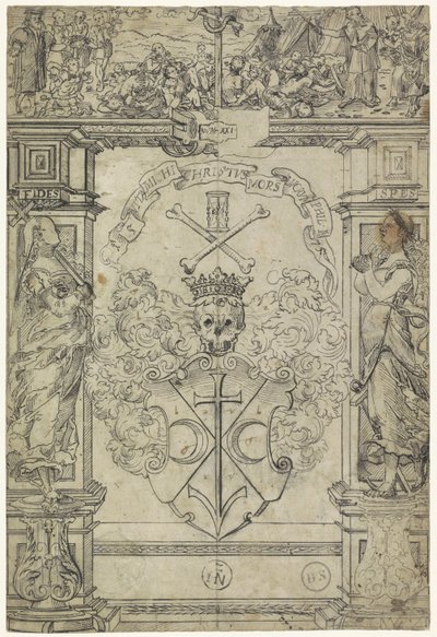 Diseño para una vidriera con un escudo, las figuras Fides y Spes, y Moisés y la serpiente de cobre de Anonymous