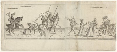 Desfile con personajes disfrazados, incluido el jinete Bernhart von Ahren, un burro con un asador, Janus, Bacchus en un burro y dos músicos. Die neunde Parte I y II (título sobre el objeto) Procesión festiva con agosto, elector de Sajonia, vestido como un  de Anonymous
