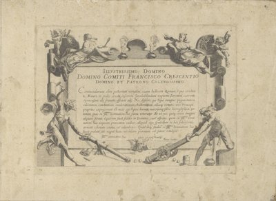 Cartouche ornamenteel met opdracht aan de schilder Francesco Crescenzi Un caballo, en el que se encuentra el más noble de todos los tipos: un personaje distinguido de caballos de varias partes del mundo seleccionados (...) (título de la serie sobre el obje de Anonymous