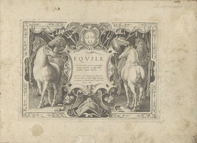 Cartouche ornamenteel met titel geflankeerd puerta paarden Un caballo, en el que se encuentra el más noble de todos los tipos: un personaje distinguido de caballos de varias partes del mundo seleccionados (...) (título de la serie sobre el objeto) de Anonymous