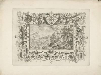 Ornamento Marco con volutas y figuras, en el que un paisaje con Venus y Adonis de Anonymous