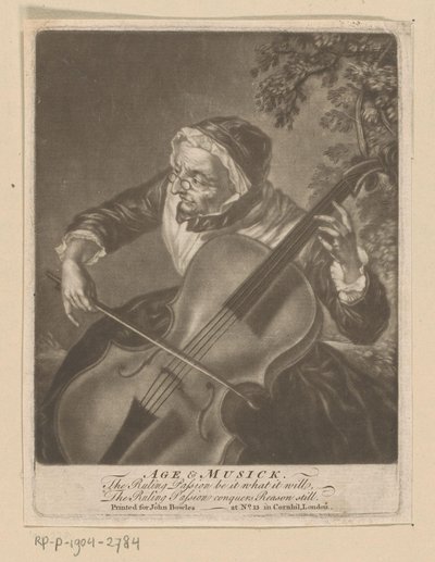 Anciana tocando violonchelo Age & Musick (título en el objeto) de Anonymous
