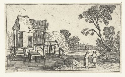 Camino a lo largo de un río con edificios sobre pilotes Paisajes después de Esaias van de Velde (título de la serie) de Anonymous