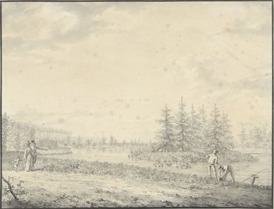 Paisaje del parque con caminantes y pescadores de Anonymous