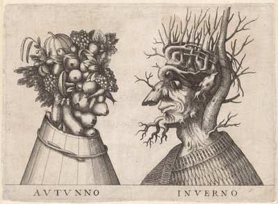 Personificaciones de las cuatro estaciones
El otoño y el invierno representados por cabezas grotescas
Autunno / Inverno (título en el objeto) de Anonymous