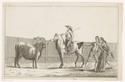 Picador apunta su lanza a un toro Colección de las principales suertes de una corrida de toros (título de serie sobre objeto) Colección de las maniobras taurinas más importantes (título de la serie) de Anonymous