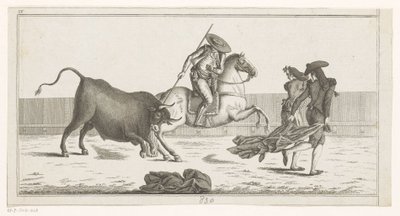 Picador clava su lanza en un toro Colección de las principales suertes de una corrida de toros (título de serie sobre objeto) Colección de las maniobras taurinas más importantes (título de la serie) de Anonymous