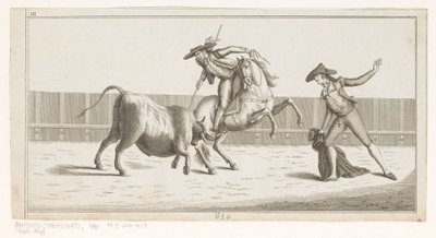 Picador clava su lanza en un toro Colección de las principales suertes de una corrida de toros (título de serie sobre objeto) Colección de las maniobras taurinas más importantes (título de la serie) de Anonymous