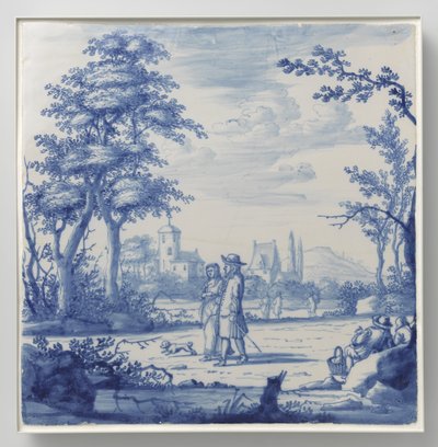 Plato pintado con paisaje con figuras de Anonymous