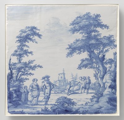 Plato pintado con paisaje con figuras de Anonymous