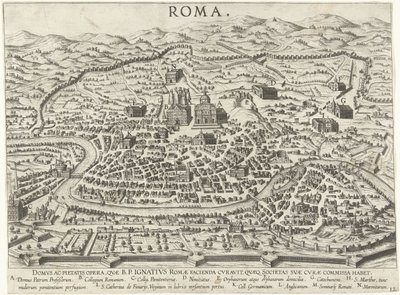 Mapa de Roma que muestra las fundaciones de Ignacio de Loyola Vita beati patris Ignatii Loyolae (título de la serie) Escenas de la vida de Ignacio de Loyola (título de la serie) de Anonymous