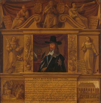 Retrato de Carlos I, rey de Inglaterra, en un marco con figuras alegóricas y representaciones históricas de Anonymous