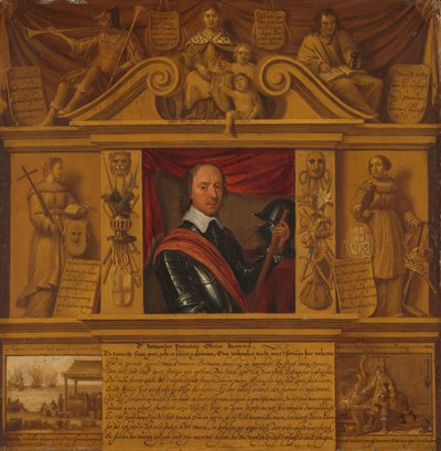 Retrato de Oliver Cromwell, en un marco con figuras alegóricas y representaciones históricas de Anonymous