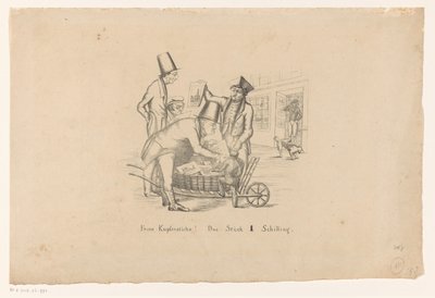 Un vendedor de impresiones vende impresiones desde una carretilla
¡Feine Kupferstiche! Das Stück 1 Schilling (título en el objeto) de Anonymous