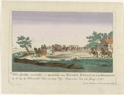 Princesa de Orange celebrada en Goejanverwellesluis, 1787 El gran asalto y detención de Haare Koninglyk Hooghied en la carretera cerca de Haastrecht por parte de Vrij-Corporisten. el 28. junio 1787 (título sobre objeto) Grabados alemanes en color sobre d de Anonymous