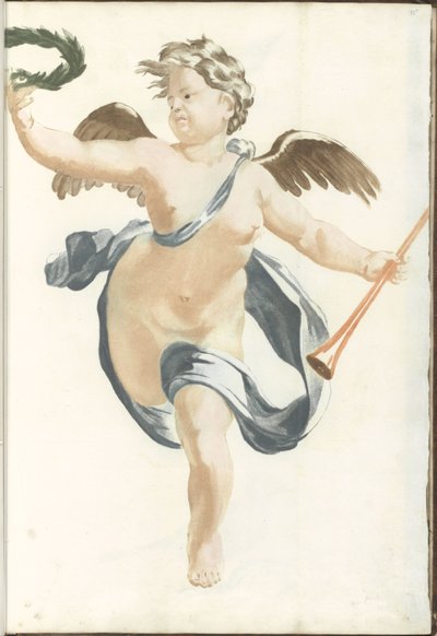 Putto con corona de laurel y trompeta de laurel de Anonymous