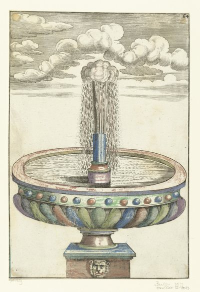 Lavabo redondo sobre pedestal con cabeza de león Architectura Curiosa Nova (título de la serie) de Anonymous