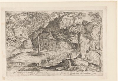 Rotsachtig landschap met dak op palen en rechts leeuw Lejos del mundo, protegido bajo un techo de paja, / El mejor lugar para prosperar es una meditación selvática (título sobre el objeto) Landschappen naar Domenico Campagnola (título de la serie) de Anonymous