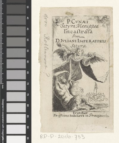 Sátiro y ángel tocando la trompeta Página de título para: Petrus Cunaeus, Satyra Menippea Incastrata, 1632 de Anonymous