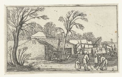 Patinadores y jugadores de petacas en el hielo para granjas. Paisajes después de Esaias van de Velde (título de la serie) de Anonymous