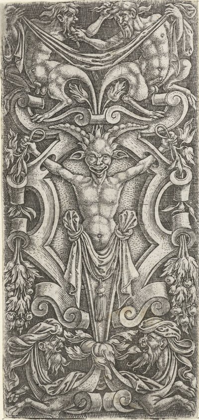 Escudo de pergamino que representa un herme Decoraciones superficiales con grutescos en volutas (título de la serie) de Anonymous