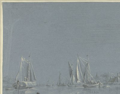 Barcazas en el agua, un bote de remos en primer plano de Anonymous