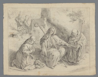 Escena de la vida de un santo con tres monjes, un obispo y dos hombres de Anonymous