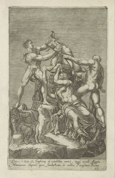 Sculptuur van Dirce die aan een stier wordt gebonden Farnesio Stier Dirces, un Zeto y Amphion, por la venganza de su madre (...) (título sobre objeto) Antieke sculptn en Roma (título de la serie) íconos de las estatuas de la ciudad de la antigua Roma que s de Anonymous