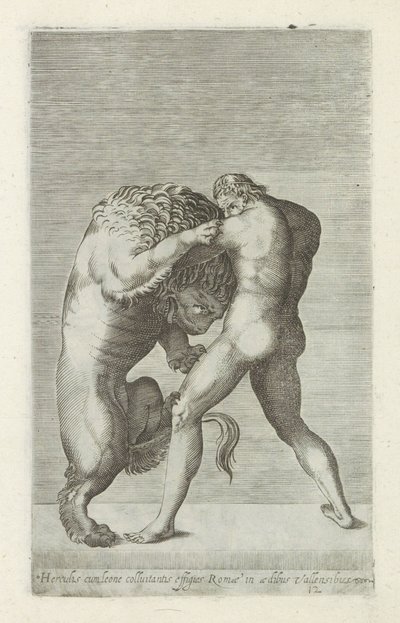 Sculptuur van Hercules in gevecht met de Nemeïsche leeuw Retrato de Hércules con un león derrumbándose en Roma en la casa de los Valla (título sobre objeto) Antieke sculptn en Roma (título de la serie) Las estatuas antiguas de la ciudad de Roma que se ven  de Anonymous