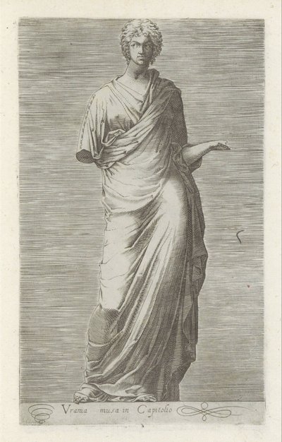 Sculptuur van Urania, muze van de sterrenkunde La musa de Urania en el Capitolio (título sobre objeto) Antieke sculptn en Roma (título de la serie) Los íconos de las estatuas antiguas de la ciudad de Roma que se ven en lugares públicos (título de la serie) de Anonymous