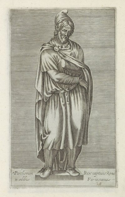 Sculptuur van een barbaarse gevangene Rey de los partos, cautivos en Roma, en la casa de Farnesian (título sobre el objeto) Antieke sculptn en Roma (título de la serie) Los íconos de las estatuas antiguas de la ciudad de Roma que se ven en lugares públicos de Anonymous