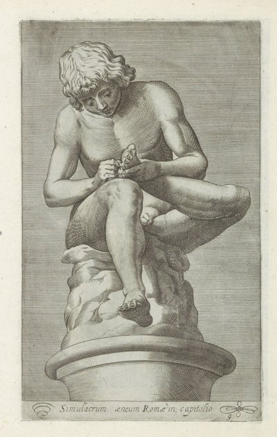 Sculptuur van een jongen met een doorn in de voet Espinario Una estatua de bronce de Roma en el capitolio (título sobre objeto) Antieke sculptn en Roma (título de la serie) Los íconos de las estatuas antiguas de la ciudad de Roma que se ven en lugares públ de Anonymous