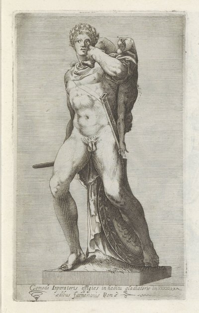 Sculptuur van keizer Commodus como gladiador Retrato del emperador Comodo con ropaje de fanfarrón (...) (título sobre objeto) Antieke sculptn en Roma (título de la serie) Los íconos de las estatuas antiguas de la ciudad de Roma que se ven en lugares públic de Anonymous