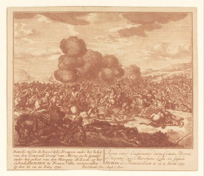 Batalla entre las tropas imperiales y los españoles en Sicilia, junio de 1719
Bataille tussen de Keyserlijke Troupen onder het belyt van den Generaal Graaf van Mercy, en de Spaanse onder het gebiet van den Marquis de Leede (...) (título en el objeto) de Anonymous