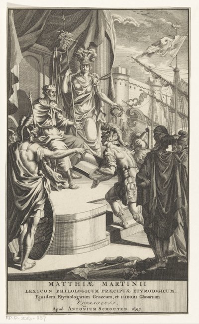 Soldado presenta libro al rey Página de título para: Matthias Martinius, Lexicon philologicum praecipuae etymologicum, 1697 de Anonymous